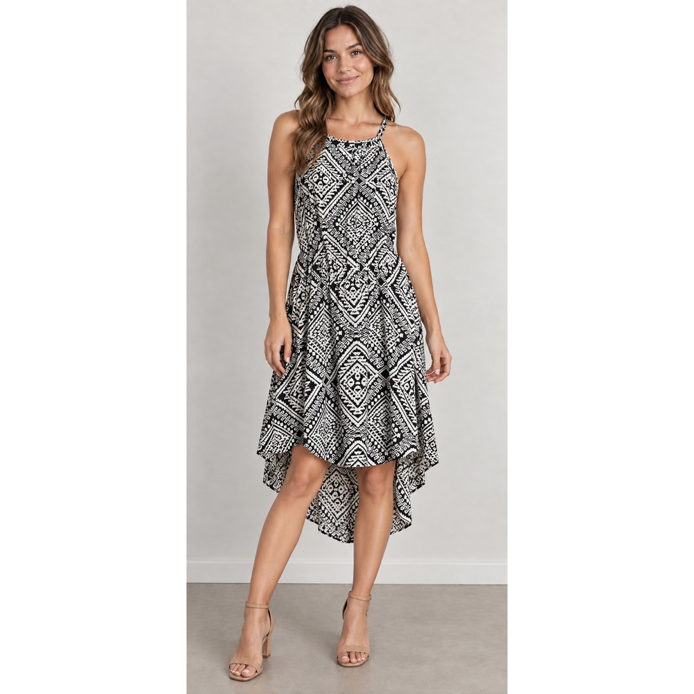 Caramela Black White Geometric Tribal Print High Low Halter Dress Small Medium